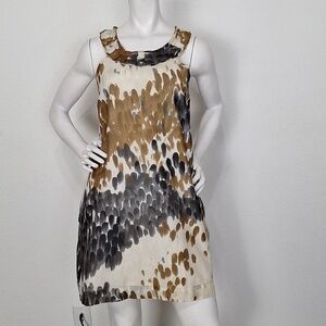 Couture Brown Gray Silk Patterned Mobwife Sleeveless Shift Mini Dress Size M